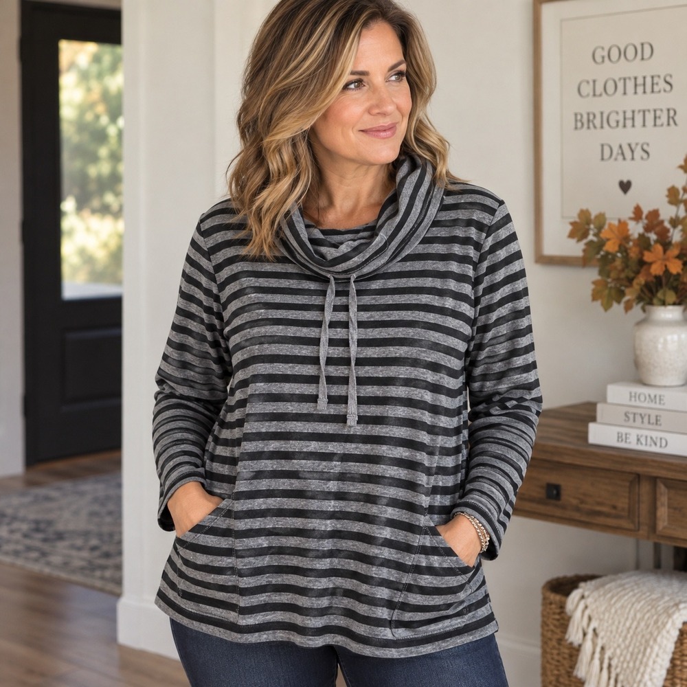 Talbots XL Cowl Neck Top NWT Gray Black Striped Long Sleeve Pullover Pockets